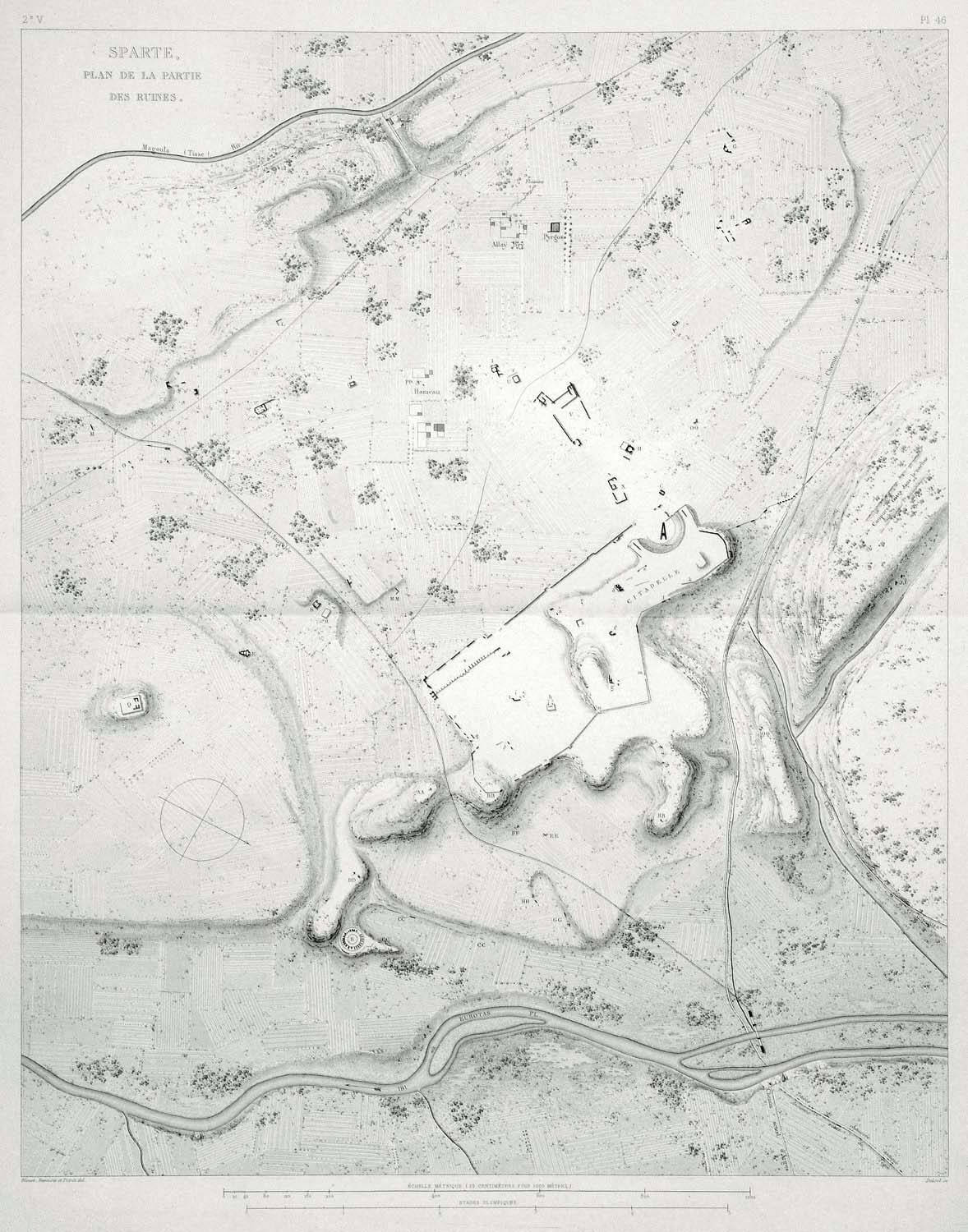 G. A. Blouet, Χάρτης με τα ερείπια της αρχαίας Σπάρτης. Στο σημείο «Α» η θέση του θεάτρου. 1831-1838.