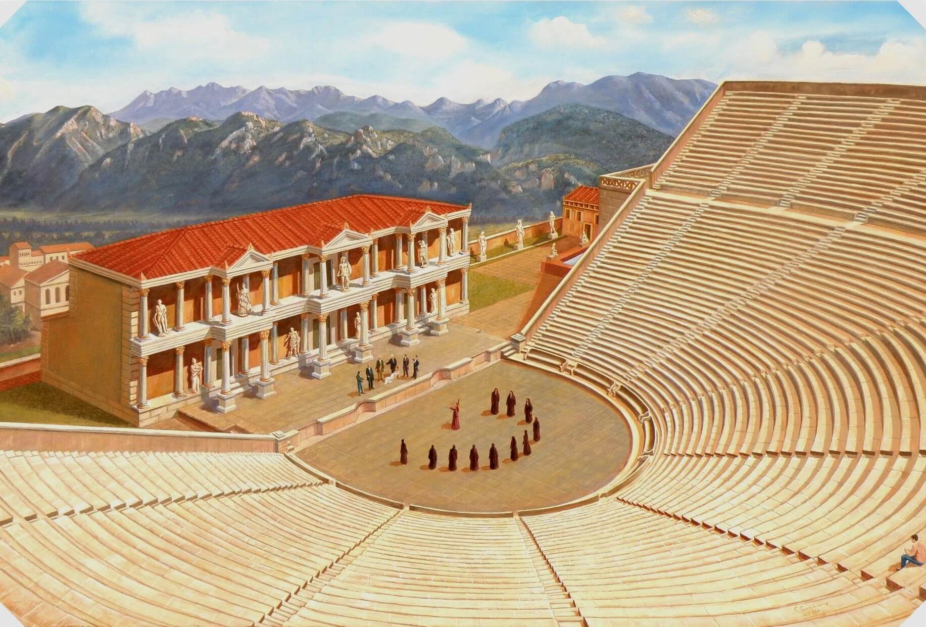 Ζωγραφική αναπαράσταση του θεάτρου (πίνακας Γιώργου Γιαννακάκη)