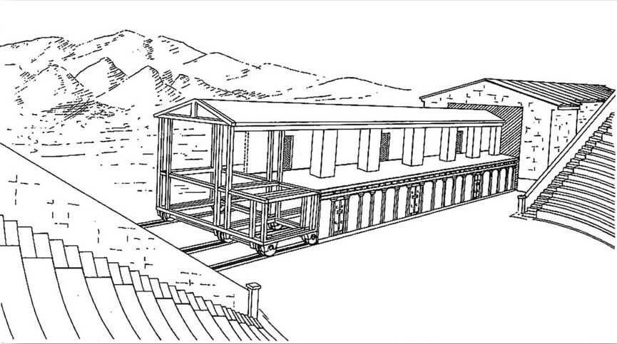 Αναπαράσταση της ξύλινης κινητής σκηνής του θεάτρου της Σπάρτης από τον Wolfgang Weyhe