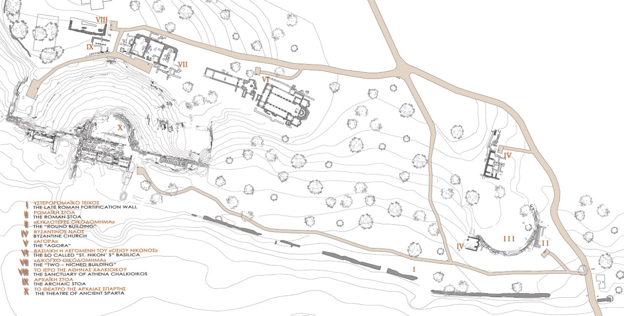Τοπογραφικό του αρχαιολογικού χώρου της ακρόπολης και της αγοράς της αρχαίας Σπάρτης με τα μνημεία του (αρχείο ΕΦΑΛΑΚ)